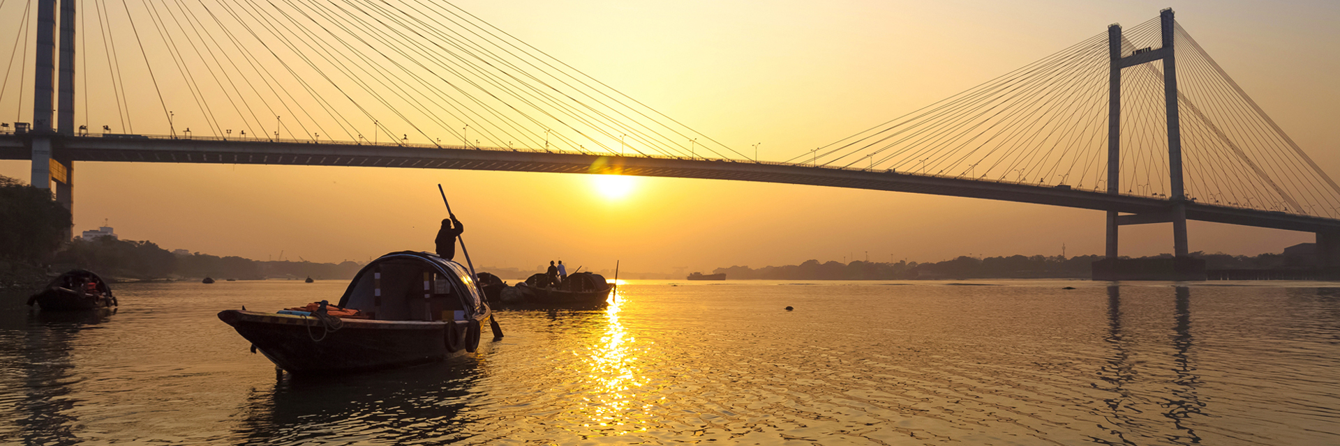 View of the Hooghly River, India from Prinsep Ghat at sunset