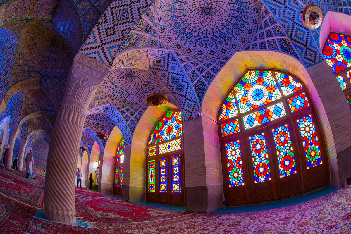 The colourful inside of a mosque