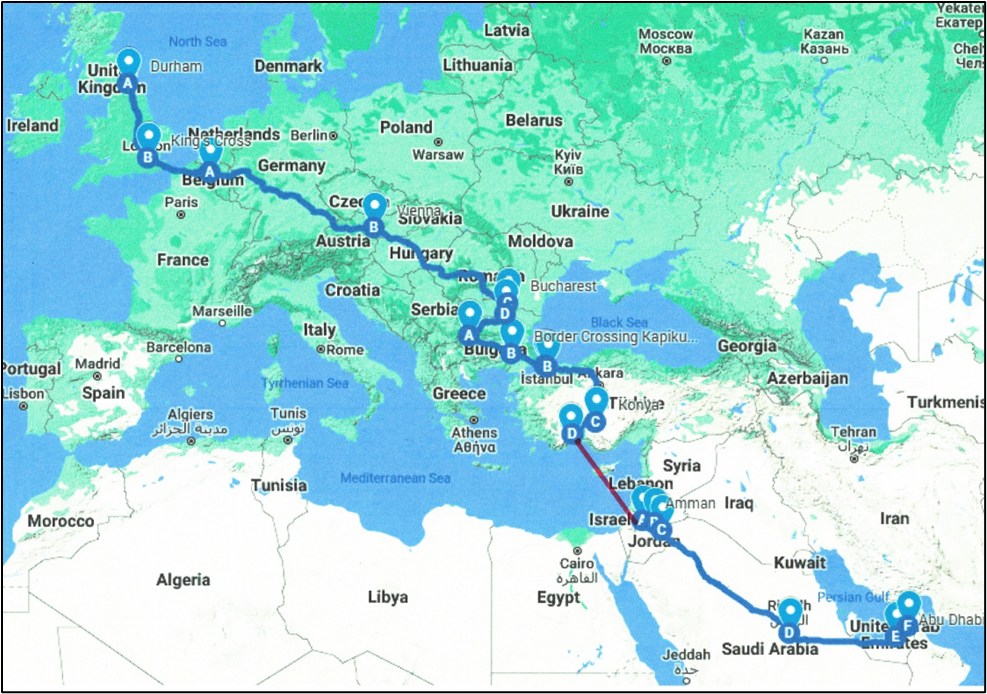 A map of europe with a blue line from Durham,UK to Dubai, UAE.