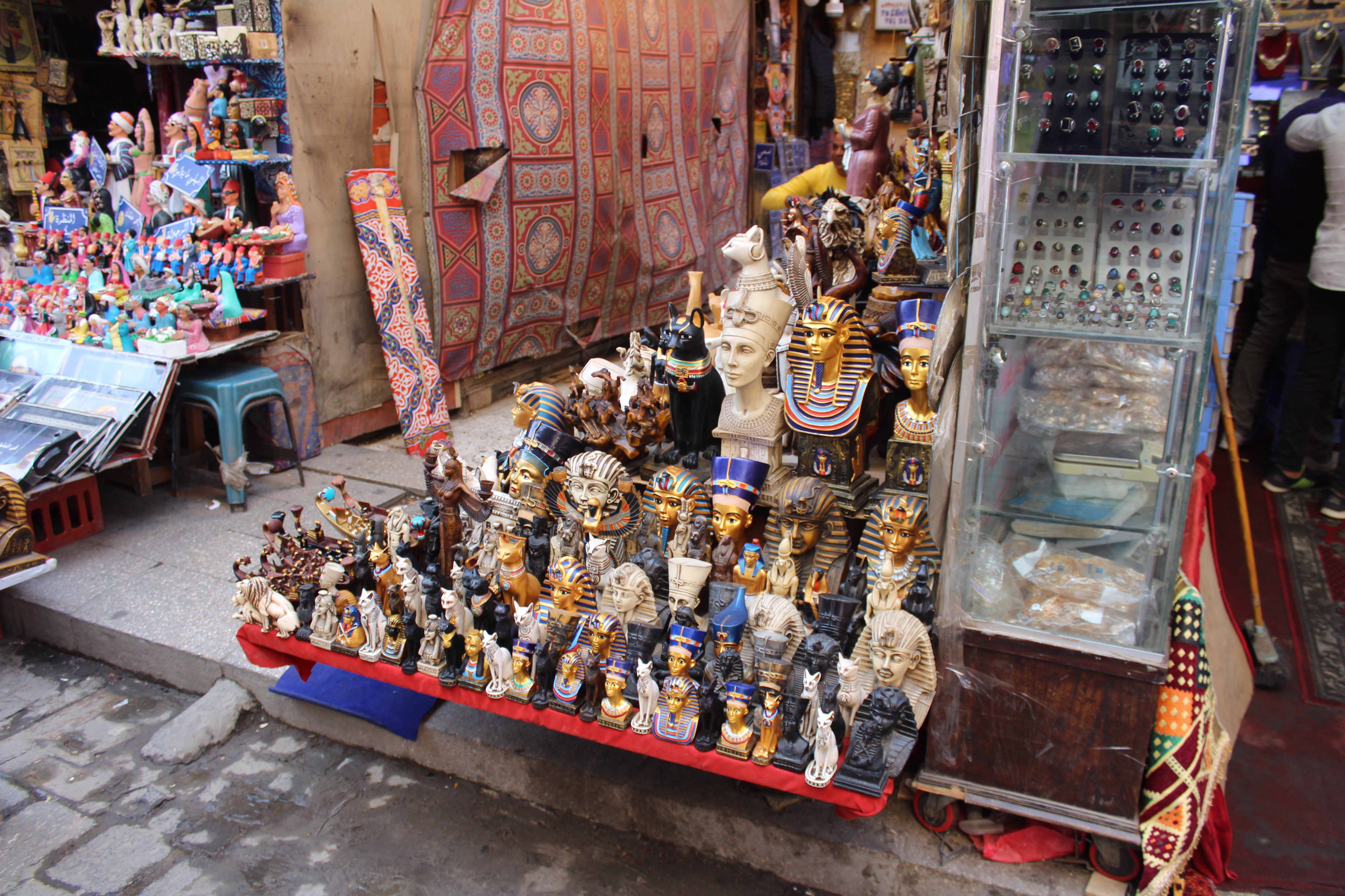 A selection of mass produced souvenirs available to buy in Cairo