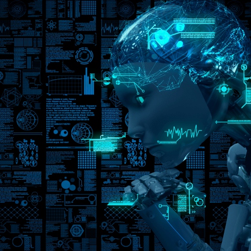 Artificial intelligence illustration with robot and data