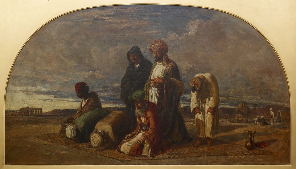 The painting shows figures kneeling at prayer