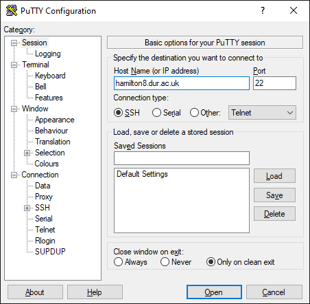 PuTTY initial screen