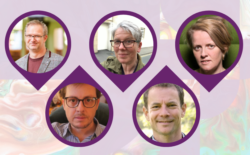 Five photographs of speakers in tear drop frames on multi-coloured background.