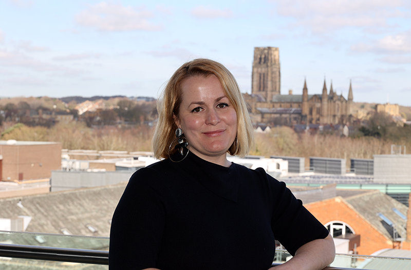 Angela Woods with Durham Cathedral in background