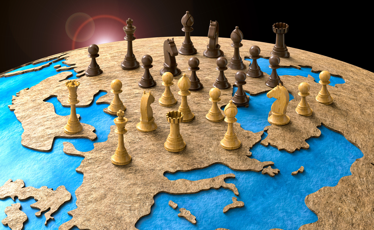 TSymbol of geopolitics in the world with chess pieces. 3D illustration.