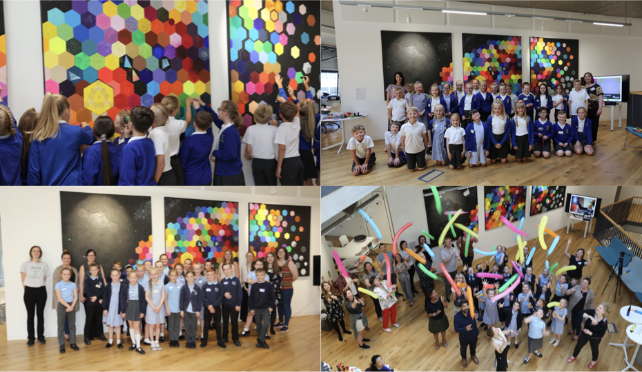 Pupils at the unveiling of their artwork in Ogden Centre West