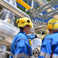 Oil and gas refinery with two workers