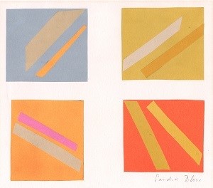 Blow – Four squares on a white background – a blue square with a white and a yellow stripe, a yellow square with a white and darker yellow stripe, an orange square with a white and pink stripe, and a red square with two dark yellow stripes.