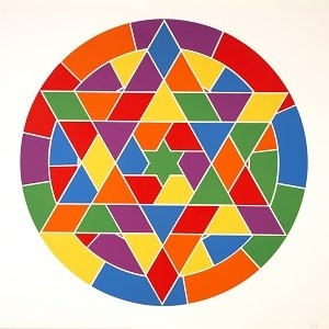 Six-pointed square in a kaleidoscope of colours.