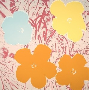 Warhol – light pink background with partial palms and leaves in a darker pink, two solid orange flower heads fill the lower half, a light yellow flower sits top right, while a light blue flower sits upper left.