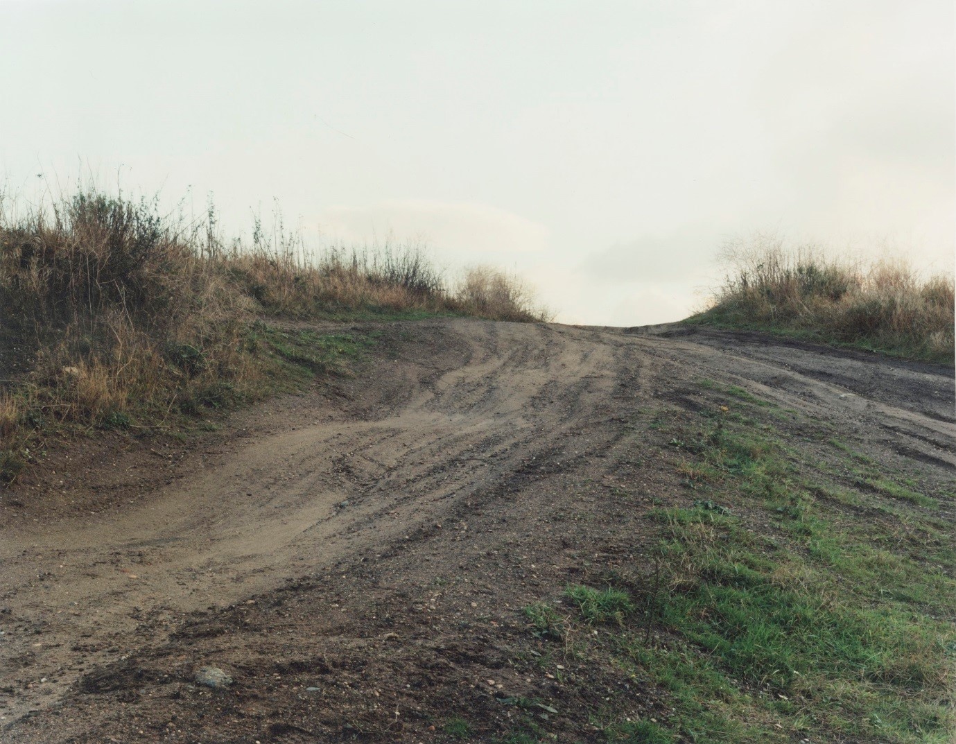 A dirt track rises from the lower left-hand side upwards towards the centre of the image. A smaller dirt track from the right-hand side comes up to join it in the centre. On each side of the track are sun-bleached grasses.