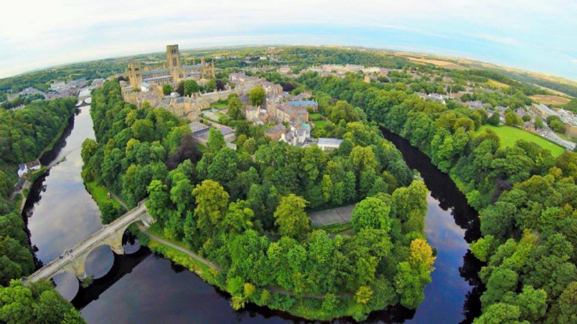 Aerial photograph of the Durham Peninsula, showing the landscape. The u-shape, and the river made this an ideal site for a castle to the north end.