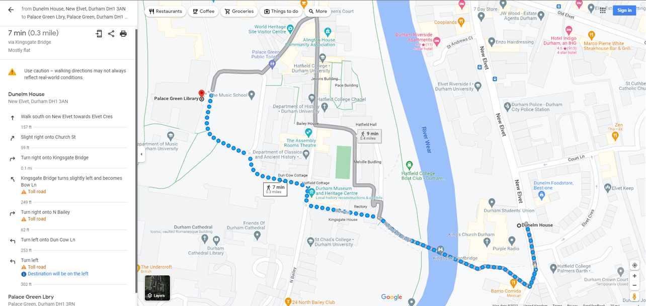 Screenshot of a Google Maps page showing the route from Durham Students Union to Palace Green Library
