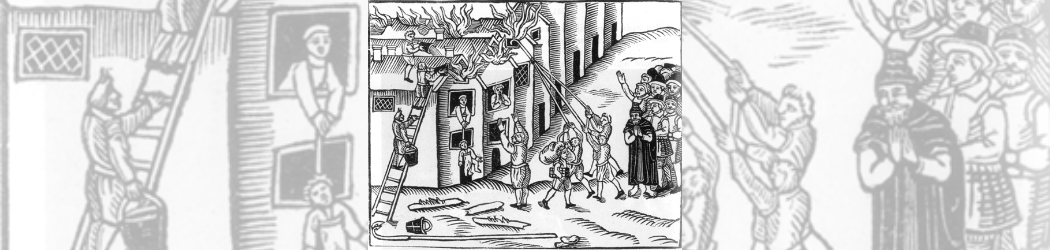 A 17th-century woodcut print showing how people responded to fires; using buckets of water to douse the flames, hooks on ropes to pull houses down to create a firebreak, letting children and belongings down through windows using ropes, fleeing the flames and praying.