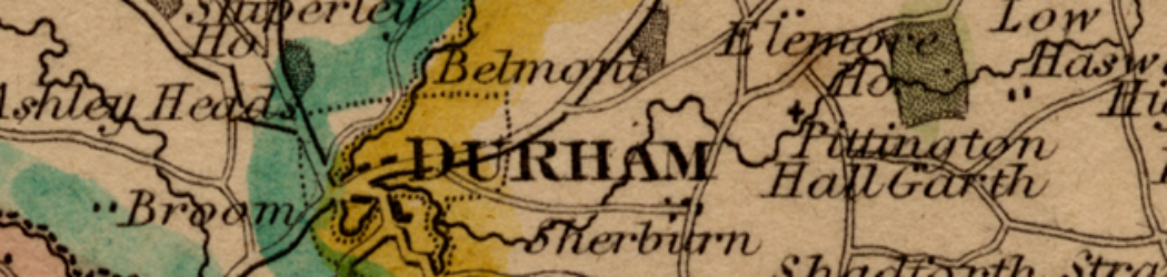 Cropped portion of 19th century map of County Durham showing Durham City and the surrounding area.