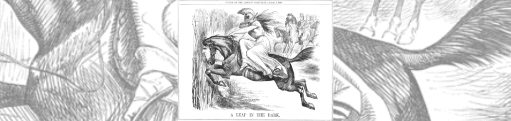 Black and white print showing a political cartoon. Britannia as a robed woman wearing a classical helmet rides a horse with Benjamin Disraeli’s face into long grass marked ‘Reform’