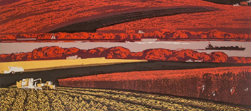 Wood block print of a landscape with hills in the background, a river and fields in the foreground with people and machinery for harvesting, all in reds, yellow and brown colours.